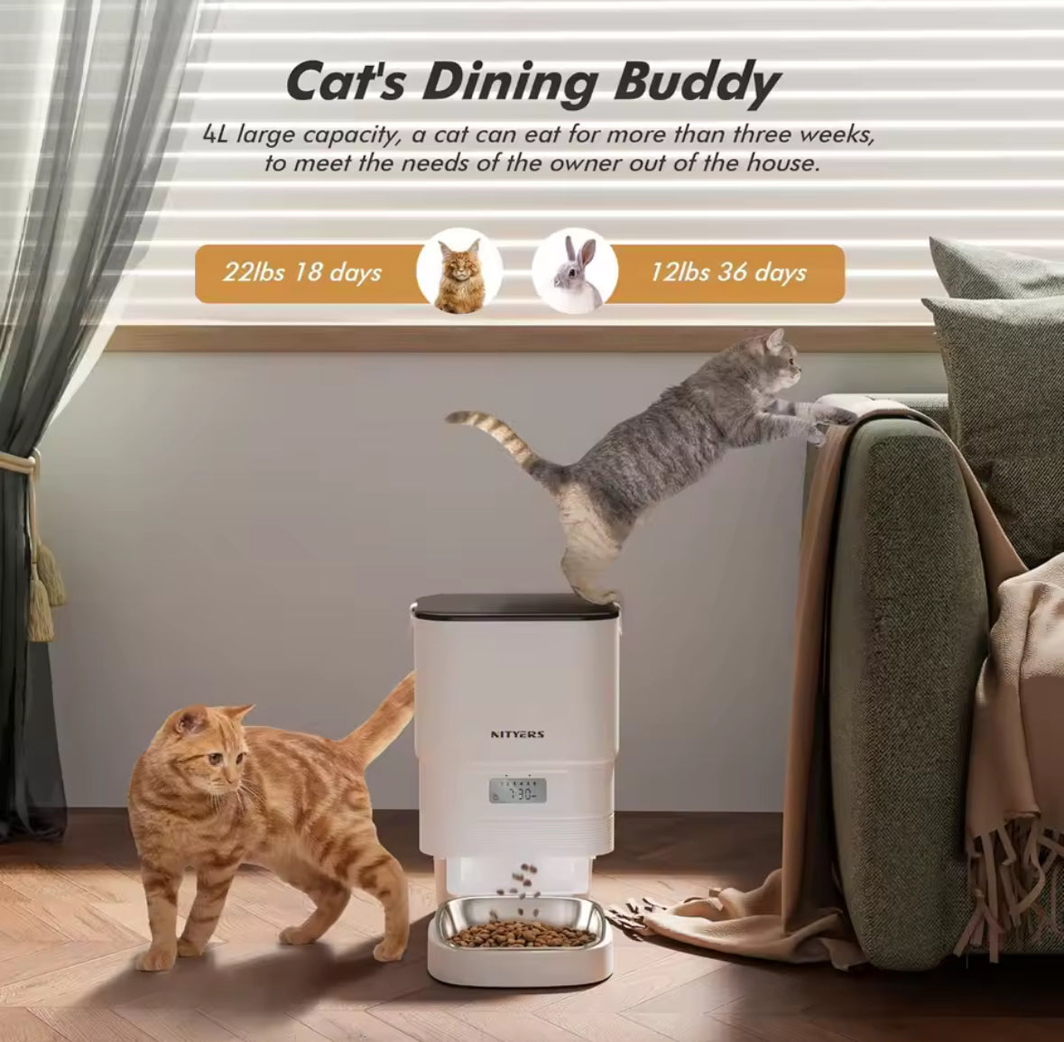 Furpipi Automatic Cat Feeders with Key Contol SUS ABS 8L Large Capacity Pet Smart Feeder Automatic Cat Dog Food Dispenser