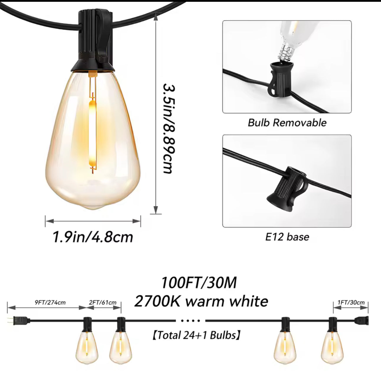 100ft Outdoor String Lights Waterproof, ST38 Globe Led Patio Lights with 24 Edison Vintage Bulbs, Connectable Outdoor Lights