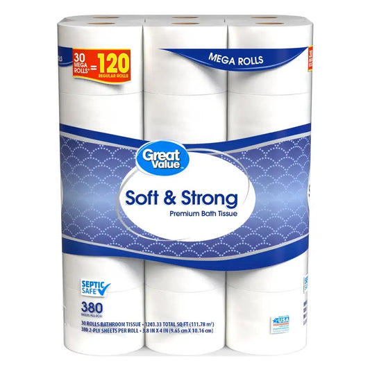 Soft & Strong Premium Toilet Paper, 30 Mega Rolls, 380 Sheets per Roll