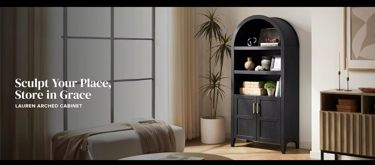 65.4" Short Arched Cabinet,Mini Arched Bookshelf with Storage, Kitchen Pantry Cabinet, Wooden Storage Cabinet for Living Room