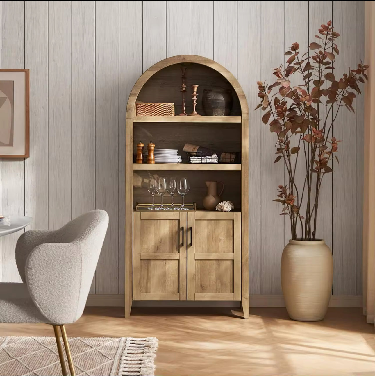65.4" Short Arched Cabinet,Mini Arched Bookshelf with Storage, Kitchen Pantry Cabinet, Wooden Storage Cabinet for Living Room
