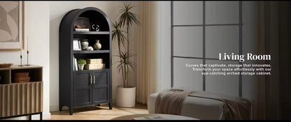 65.4" Short Arched Cabinet,Mini Arched Bookshelf with Storage, Kitchen Pantry Cabinet, Wooden Storage Cabinet for Living Room