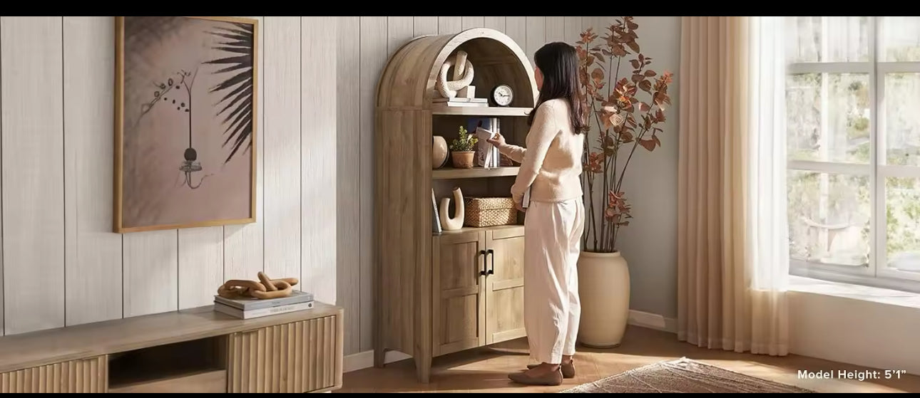 65.4" Short Arched Cabinet,Mini Arched Bookshelf with Storage, Kitchen Pantry Cabinet, Wooden Storage Cabinet for Living Room