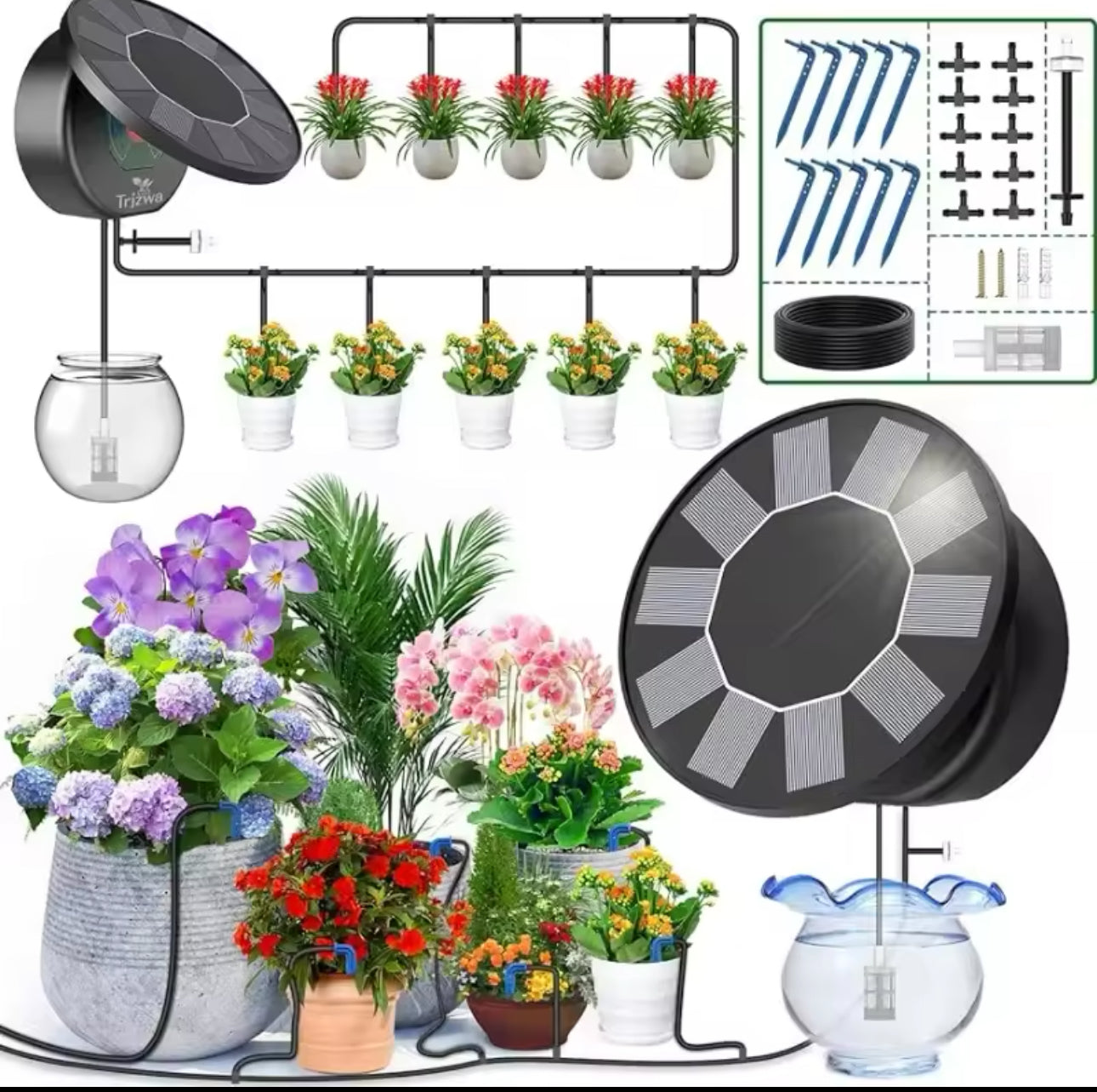 Solar Drip Irrigation System, Automatic Watering System with 2200mAh Battery and 6 Timer Modes for Potted Plants Drip Irrigation