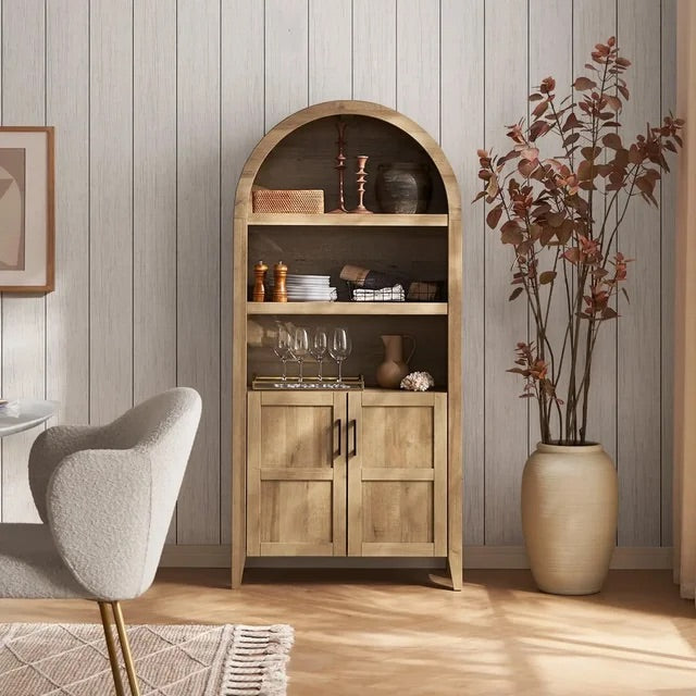 65.4" Short Arched Cabinet,Mini Arched Bookshelf with Storage, Kitchen Pantry Cabinet, Wooden Storage Cabinet for Living Room