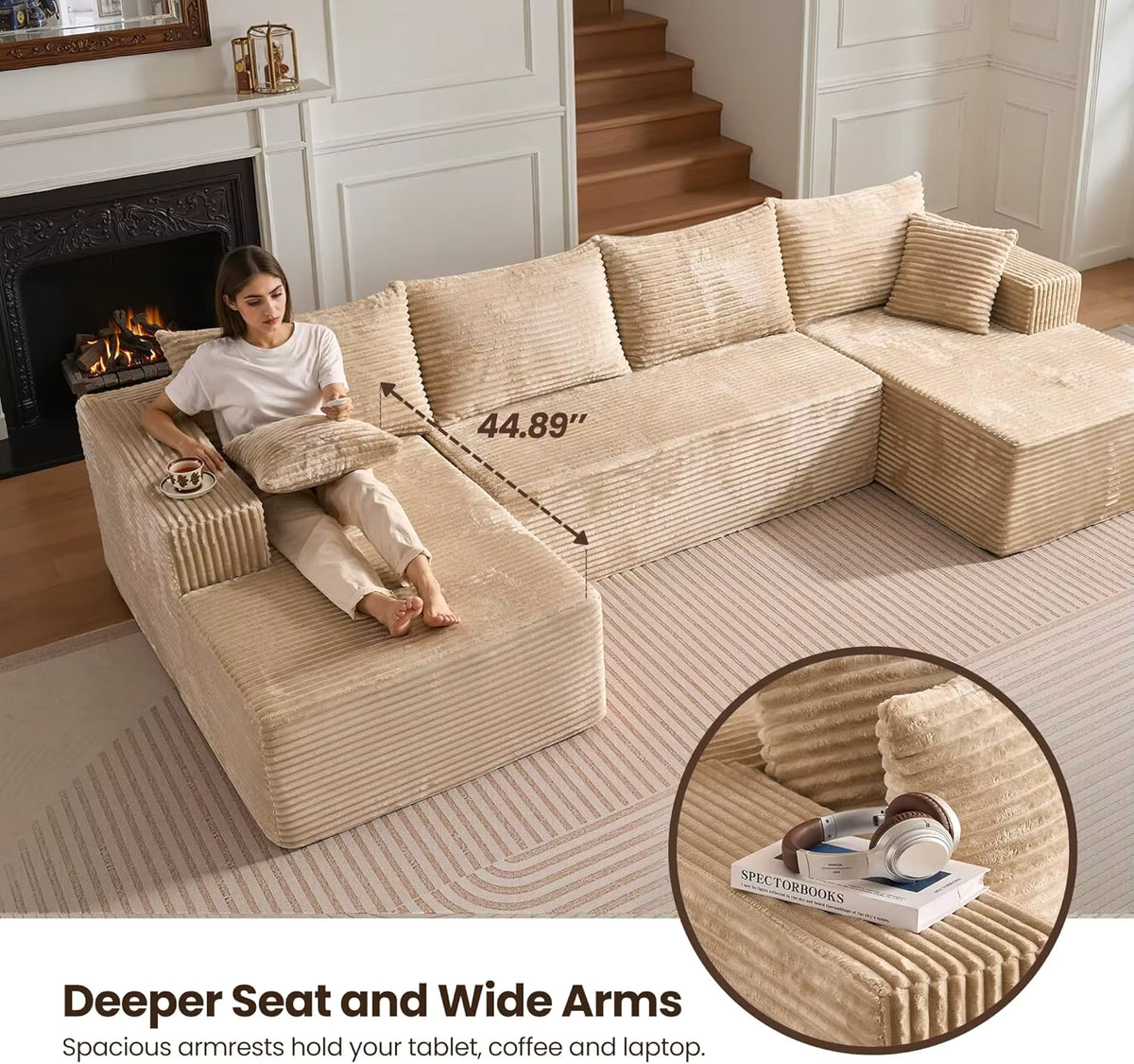 [3 Packs Shipped]  132-inch U-Shaped Sectional Corduroy Sofa - Modern and Soft for Living Room, Comfortable, No Assembly Required, Popular Boneless Sectional Sofa for Multiple People