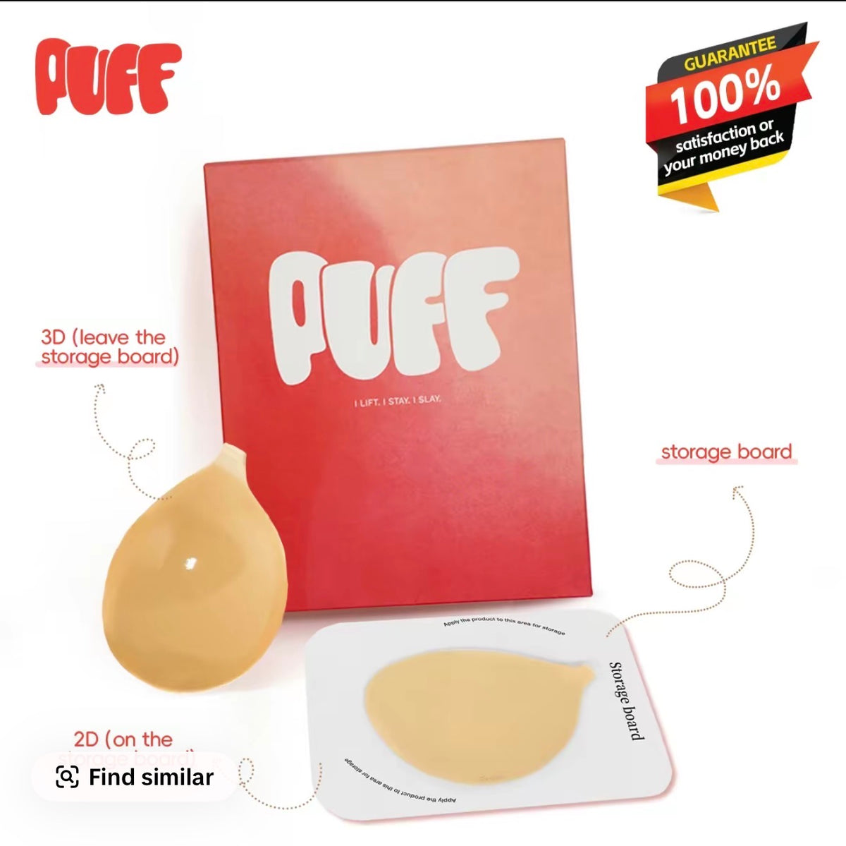 Puff #1 Push-up Sticky Bra – Waterproof & Sweat-proof,  Portable, Reusable, Washable, Essential for Travel Women's Wear with Storage Board & Replaceable Adhesive Pads