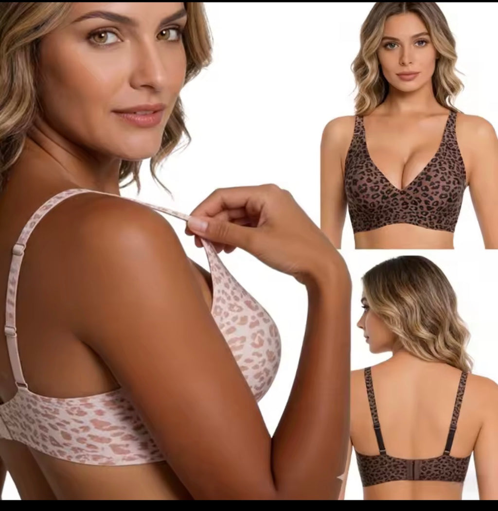 Leopard Print Bra Women Wireless Jelly Support Full-Cup Bra Seamless Invisible Comfortable Breathable Daily Wear Top Underwear